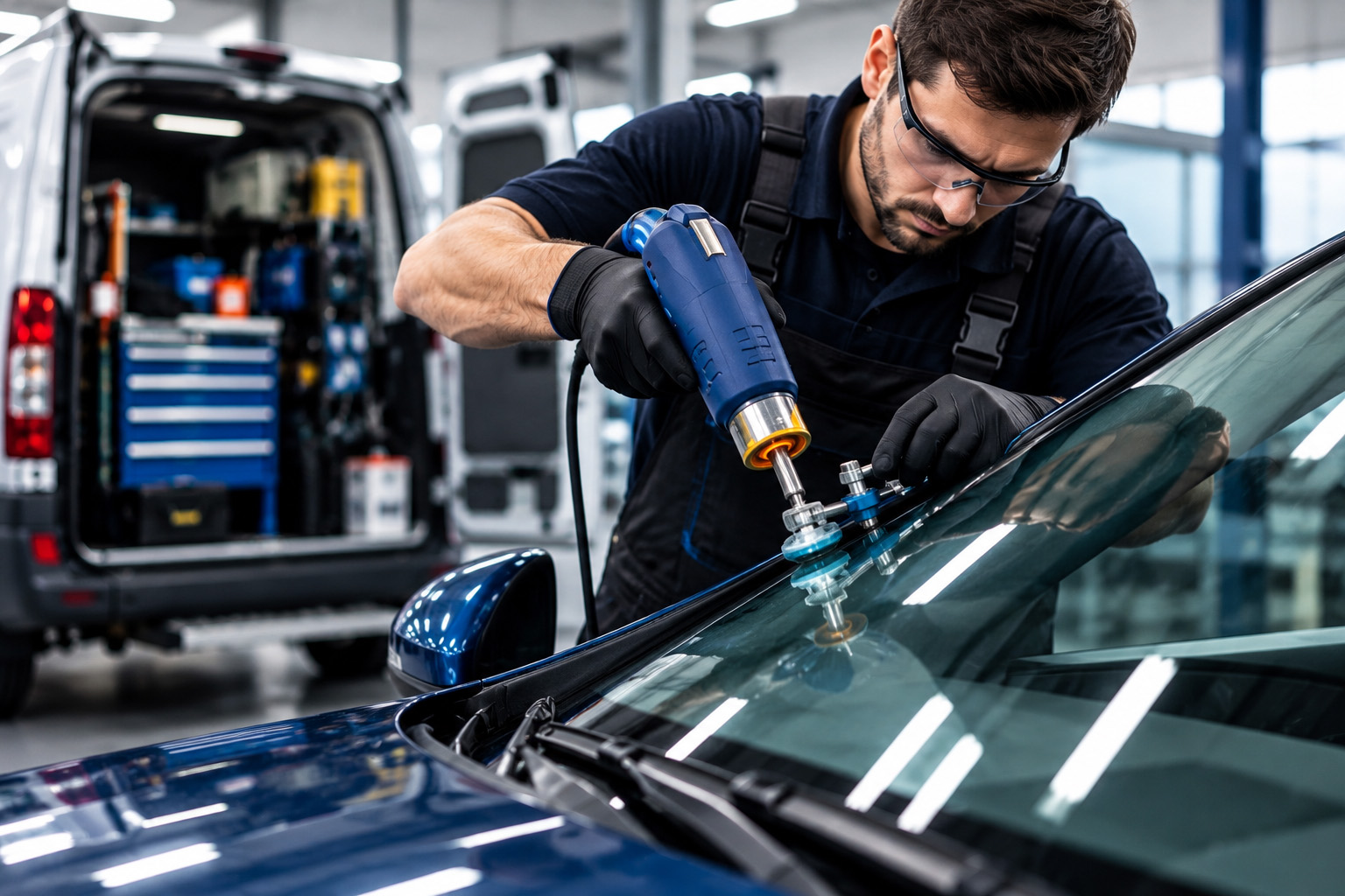 Technician drilling out a windscreen chip