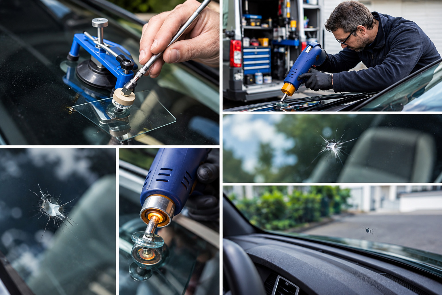 Close views of windscreen chips and the tools used to assess a repair