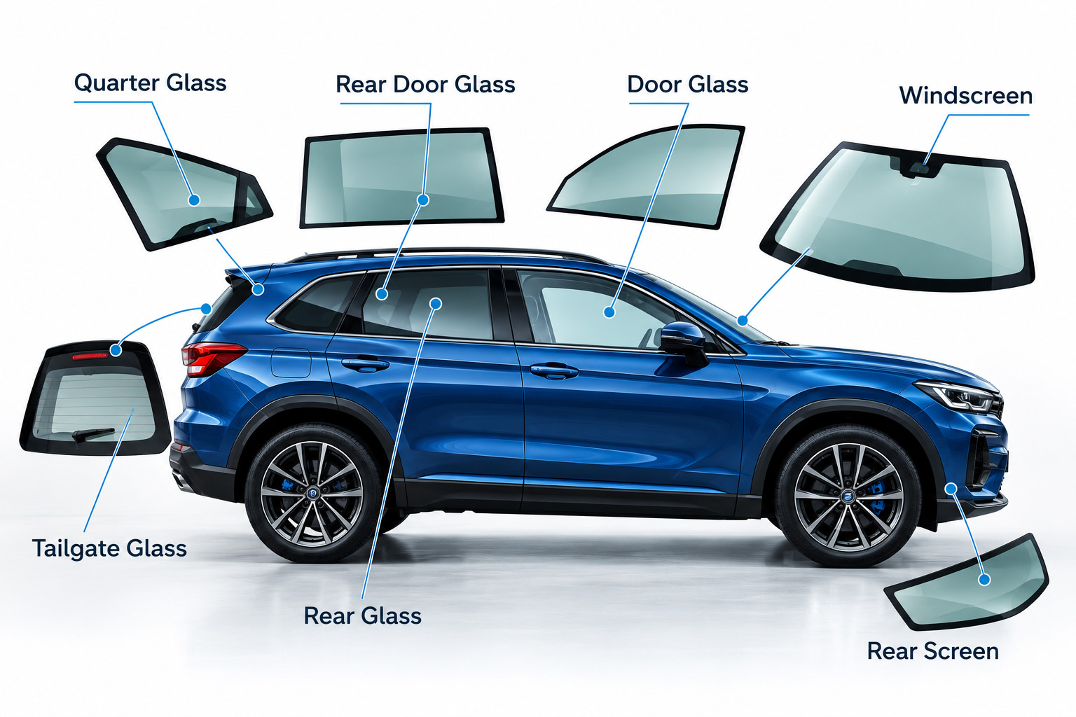 Diagram naming the windscreen, door glass, rear door glass, quarter glass, rear glass and tailgate glass on an SUV