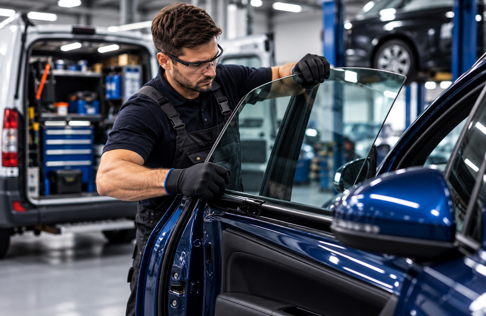 Technician offering a door glass into an open car door