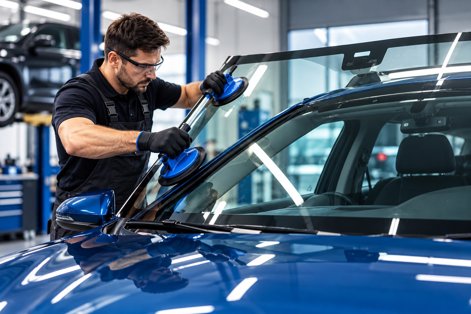 Fitter seating a windscreen with suction cups in a workshop