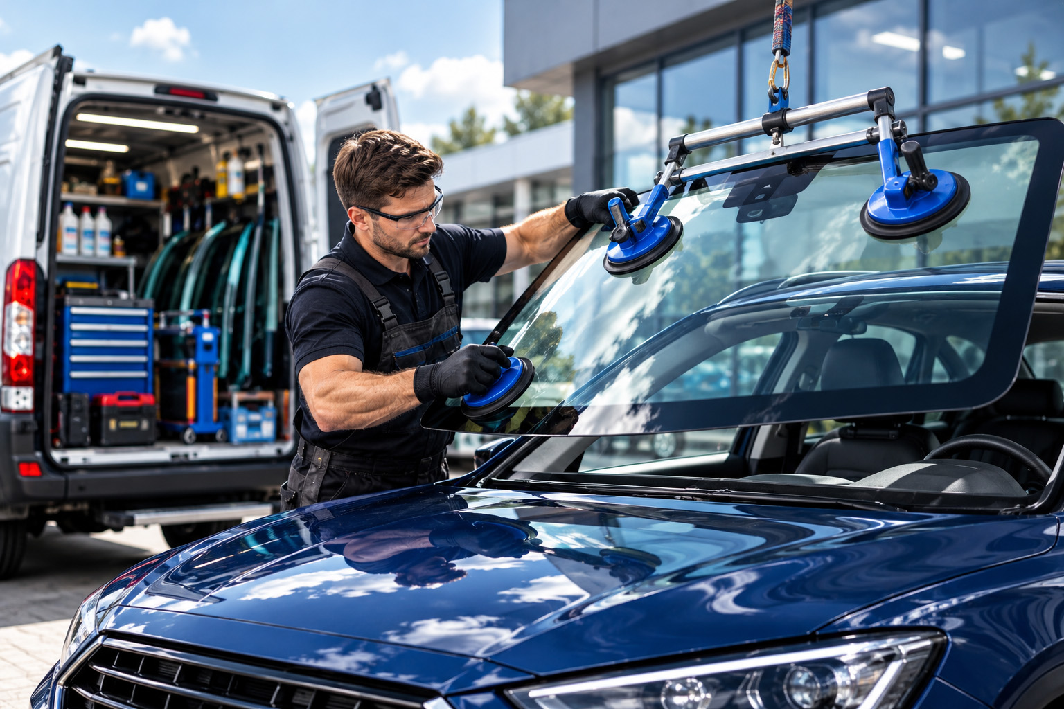 Windscreen held on a suction hoist beside a loaded glass van