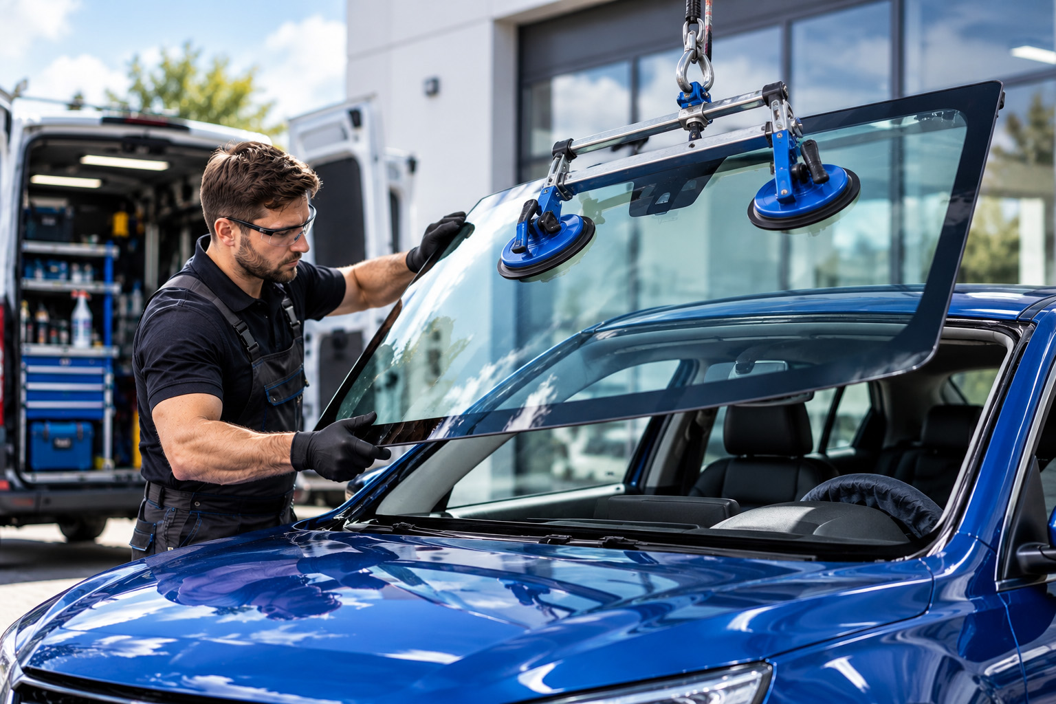 A windscreen being lowered onto a blue car outside a workshop