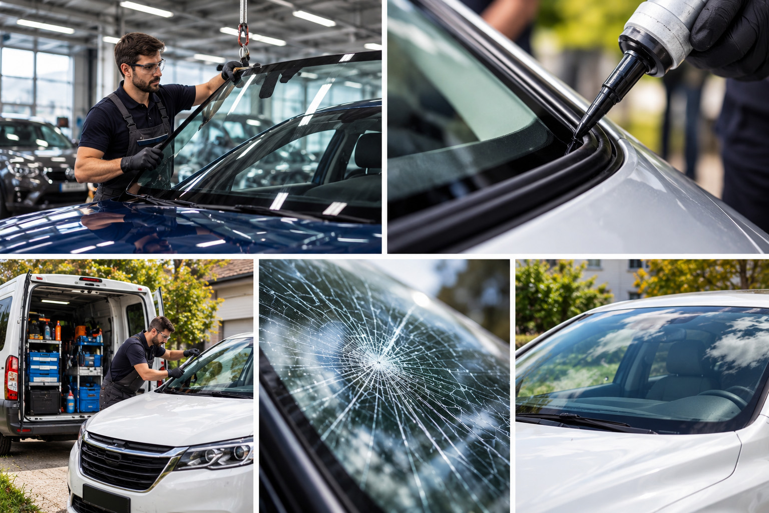 Workshop scenes of a cracked windscreen, adhesive being applied, and a new screen being fitted